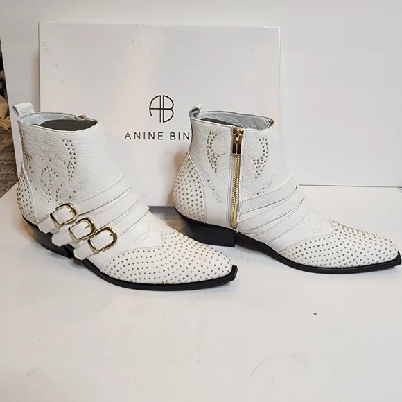 Anine Bing Penny Bootie White Leather Gold Studs. New with box. EU Size 41.